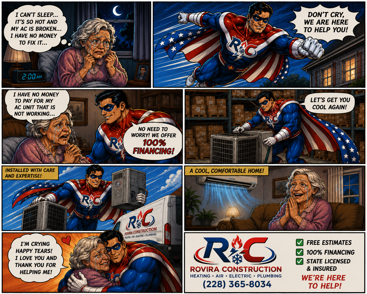 Rovira Construction HVAC — superhero comic strip showing our team saving the day