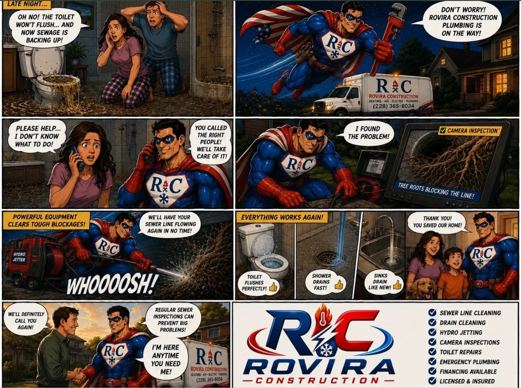 Rovira Construction Plumbing — superhero comic strip showing our team saving the day